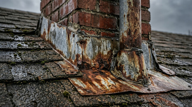close-up of old rusted roof flashing around a chimney, roofing maintenance concept
