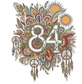 Boho style number 84 vector illustration, vintage hippie aesthetic with dreamcatchers and feathers, decorative floral mandala art for birthday