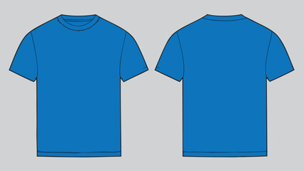 Naklejka premium A vector graphic illustration of two blue t-shirts, one facing forward and one backward, on a light gray background.