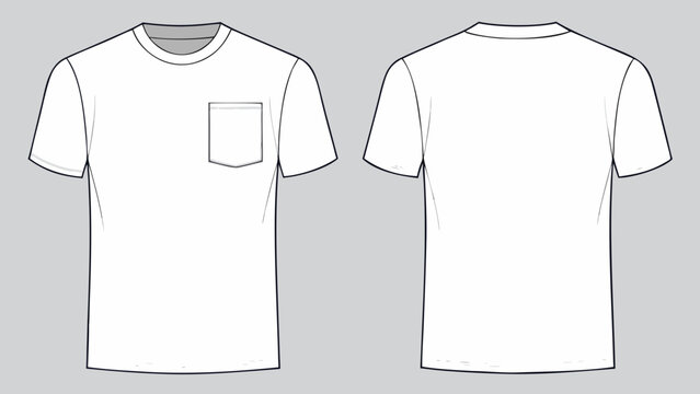 A minimalist vector illustration of a white t-shirt with a pocket on a gray background