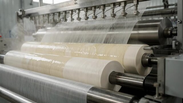 Medium shot of fabric rolls moving through a chemical line as softeners are evenly applied to enhance fabric smoothness and comfort in textile finishing.
