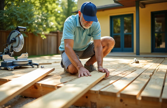 Man builds wooden deck in backyard during summer season. He works with wood planks and power tools on house renovation project. Active outdoor DIY home improvement activity.