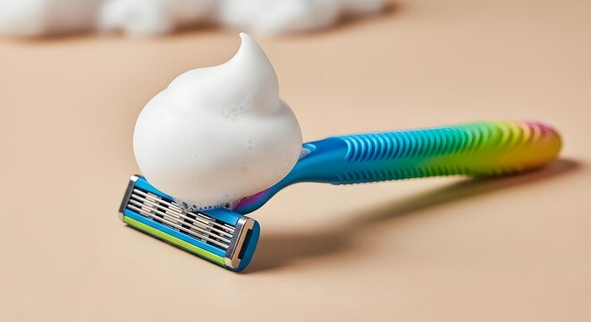 Colorful Shaving Razor with White Foam on Beige Background for Personal Care and Grooming