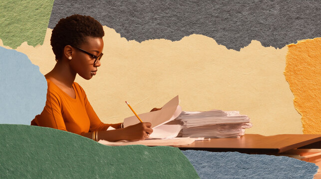 Young black woman grading papers while sitting at desk indoors  