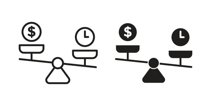 Time and money compare scale icon silhouette. Editable stroke. Line vector illustration design