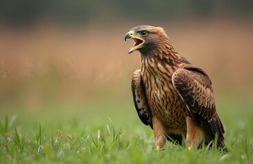 Fototapeta premium Lesser spotted eagle raptor bird stands on green grass. Wild predator bird with open beak looks left. Brown feathers show detailed pattern. Wildlife animal portrait.