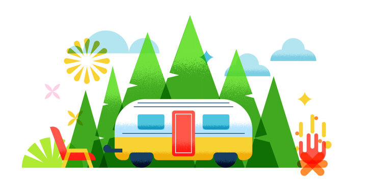 Summer camping banner with motorhome, pine trees and campfire. Vector design for travel, outdoor adventure, vacation