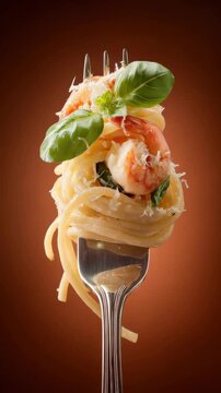 Delicious pasta twist with shrimp and basil on a fork against a warm background