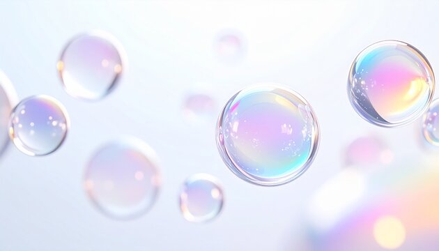 シャボン玉のような透明球体と水滴が広がるパステル抽象背景 虹色のグラデーションと光沢が美しいミニマルビジュアル ジェネレーティブAI
