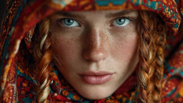 Close up of a person wearing a colorful scarf with braided hair indoors during the evening hours