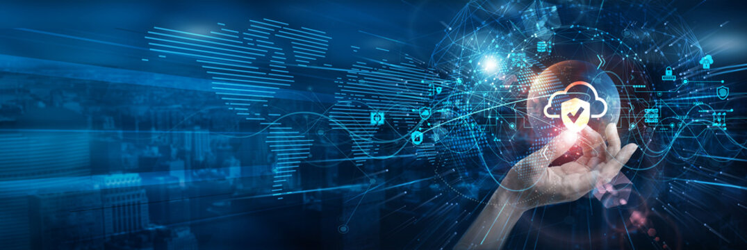 Hands of a specialist hold Cloud Security protocols. Encryption and threat detection safeguard virtual environments, protecting enterprise data from cyber attacks and unauthorized access.