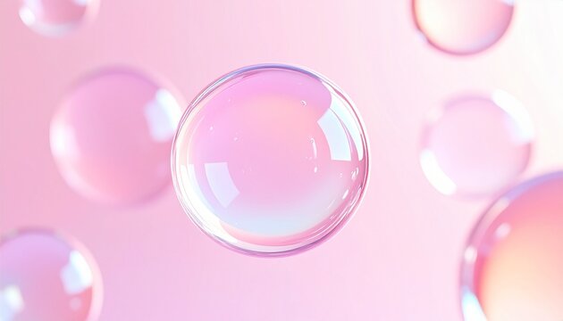 美容液の水滴とシャボン玉のような透明球体が浮遊するピンク背景 うるおいと光沢を感じるスキンケア抽象ビジュアル ジェネレーティブAI