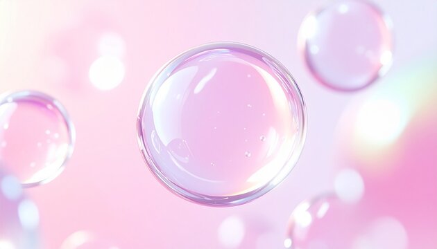 透明な美容液の水滴とシャボン玉が浮遊するピンク背景 光沢と屈折が美しいクリーンな抽象ビジュアル ジェネレーティブAI