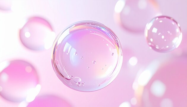 水滴とシャボン玉のような透明球体が浮かぶ美容液イメージ背景 光と反射が美しいピンクの抽象ビジュアル ジェネレーティブAI
