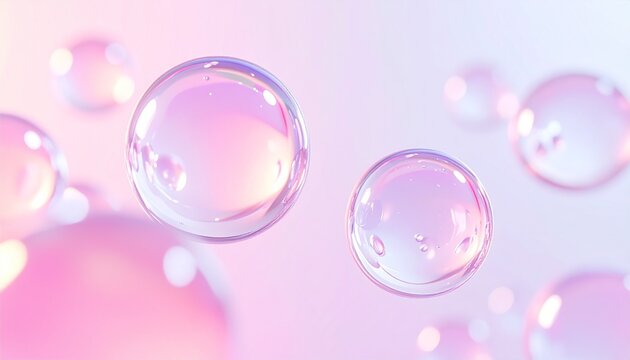 美容液の透明な水滴とシャボン玉が浮遊するピンクの抽象背景 光と屈折が美しいクリーンビジュアル ジェネレーティブAI