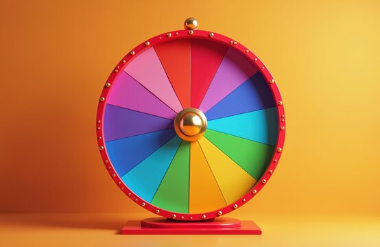 Colorful spinning wheel with gold center, red rim, and vibrant segments on an orange background. Game, prize, luck concept. Decision making, chance, award.