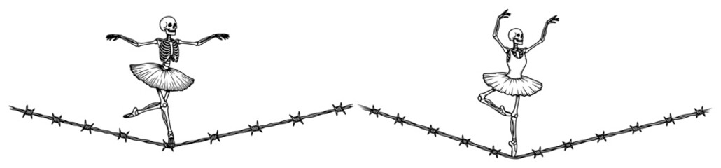 Skeleton ballerina dancing on barbed wire in vintage engraving style © Wera