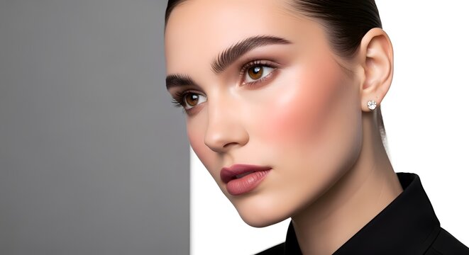 Elegant woman with flawless makeup and radiant skin, a captivating portrait showcasing subtle blush, defined eyes, and delicate diamond stud earrings, soft lighting.