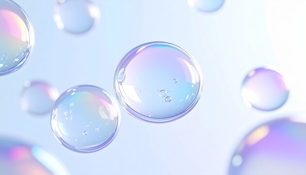 CICAやヒアルロン酸をイメージした美容成分の水滴とシャボン玉が浮かぶブルーのクリーン背景 光と屈折が美しい抽象ビジュアル ジェネレーティブAI