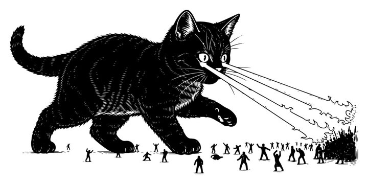 Giant black kitten shooting laser beams from eyes at tiny people in vintage engraving style