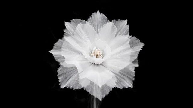 Abstract white smoke unfolding in flower shape on black background, fluid organic motion with high contrast and soft lighting, artistic vapor visual