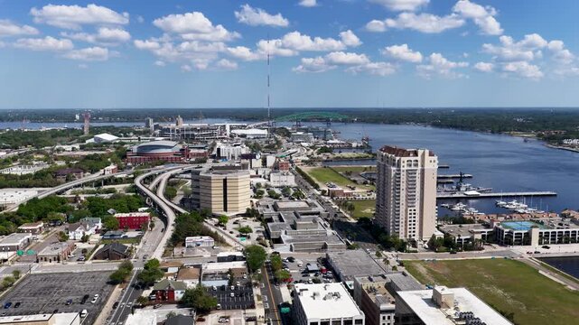 Aerial footage of the cityscape in downtown Jacksonville Florida USA