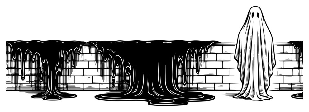 Sheet ghost standing by a brick wall with black liquid oozing over it in vintage engraving style