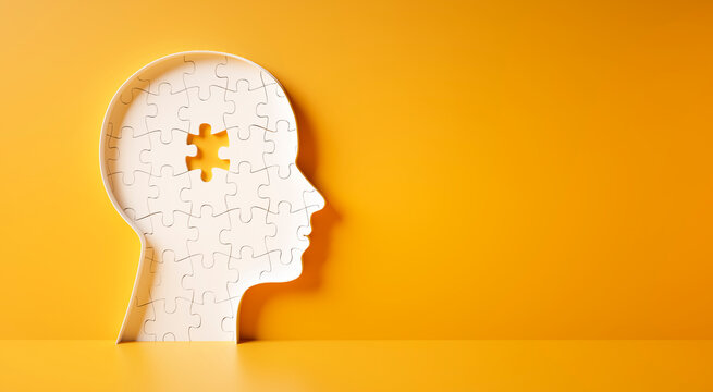 Head and brain diseases concept - missing piece of the brain puzzle on yellow background with copy space