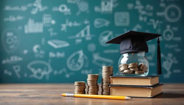Graduation cap sits on books with coins in jar. Stacks of money and pencil in front of blackboard with math formulas. Education cost savings.