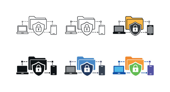 Protected file sharing illustration depicting a folder, shield, and connected devices arranged for secure data transfer, repeated