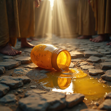Broken alabaster jar spills oil on stone path. Bare feet stand around in yellow robes. Sunlight streams through illuminating spiritual sacrifice and devotion. This symbolizes generous offering.