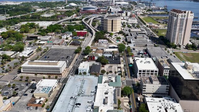 Aerial footage of the cityscape in downtown Jacksonville Florida USA