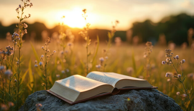 Open book rests on rock in grassy field. Warm sunlight streams through plants and wildflowers. Peaceful nature scene at sunset ideal for quiet reflection or outdoor study.