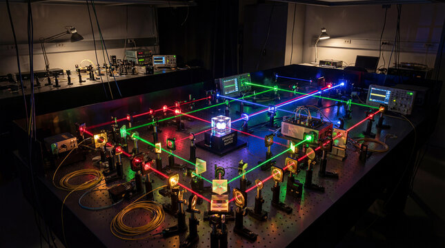 A complex laboratory setup with laser beams and various scientific equipment in a dark room with colorful lights and machinery