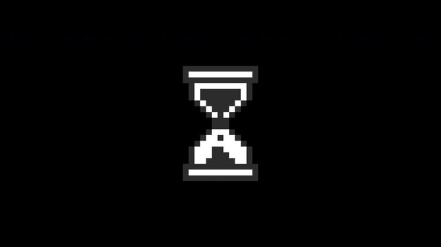 Pixel art hourglass animation showing sand falling. Digital timer icon with alpha channel isolated on black background. Minimalist game asset for loading screen.