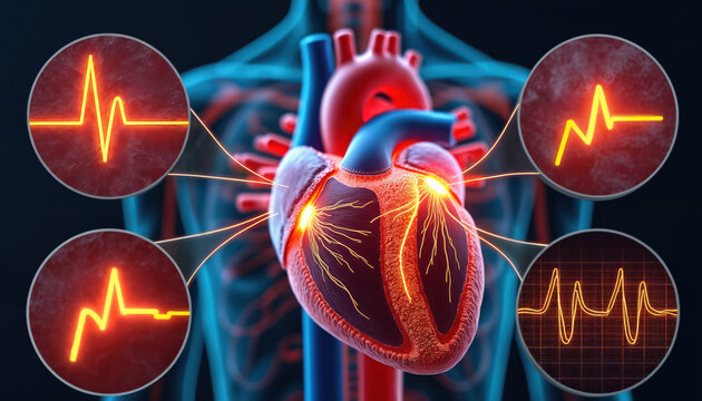 Heart electrical activity diagram shows conduction system. Shows nodes and wiring for heart muscle contraction. Includes cardiogram waveforms. Medical science biology illustration.