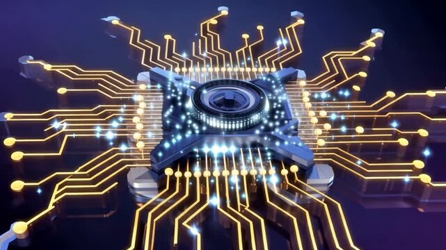 Radiant microchip with spreading gold traces, central core resembles neural hub, luminous nodes pulse like synapses, hightech AI core metaphor, studio lighting and dynamic rotation