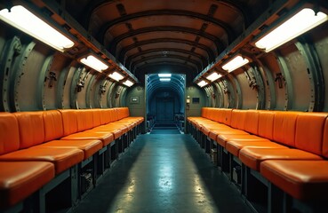 Obraz premium Empty aircraft cabin with orange seats. Industrial interior tunnel perspective with lighting fixtures. Rows of passenger seating stretch towards dark doorway. Transportation concept scene inside
