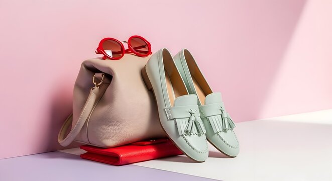 Stylish fashion accessories arrangement featuring a beige handbag, mint green loafers with tassels, and vibrant red sunglasses and wallet on a pastel pink surface.