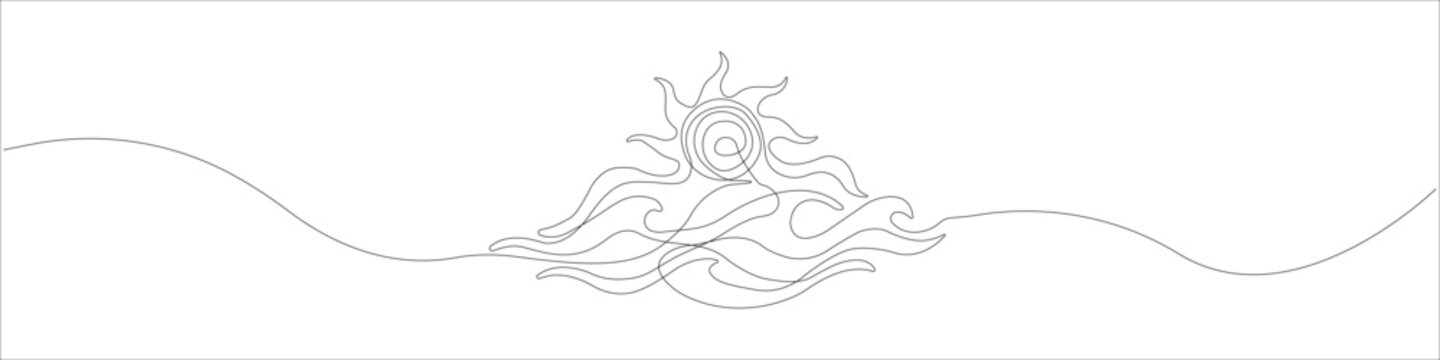 Single line illustration of the sun over ocean waves, one line drawing featuring a minimalist continuous stroke of a sunset with a smooth flowing line and abstract linear silhouette.