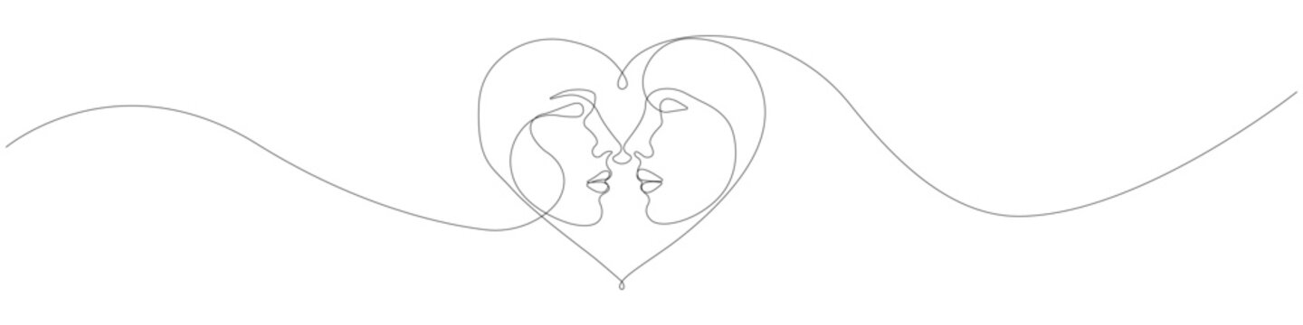 Romantic one line drawing of a couple kissing inside a heart shape, continuous line art of two faces in profile, minimalist single line illustration with smooth flowing linear silhouettes.