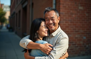 Fototapeta premium Happy Asian couple hugs outdoors on city street. Man and woman embrace warmly, smiling joyfully in urban setting. Partners share loving moment in daylight, feel connection.