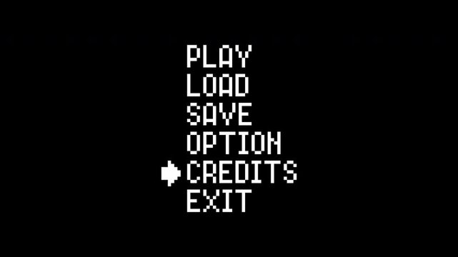 Pixel art menu screen interface with scrolling selection cursor. Retro video game main menu navigation with white text on black background for game development.