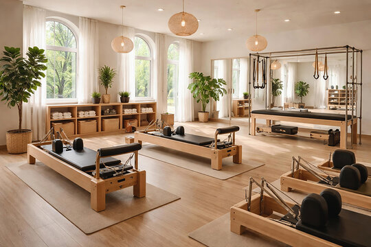 Modern Pilates Studio Interior with Wooden Reformers and Natural Light