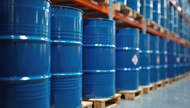 Blue metal barrels stand on wooden pallets in a warehouse. Organized storage of industrial containers on shelves. Chemical and liquid product transport and safety.