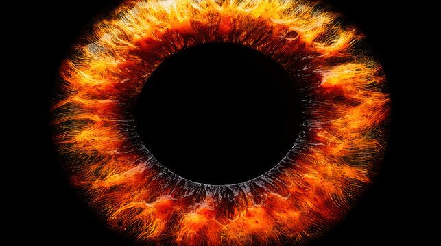 A mesmerizing close-up of a human eye showcases a vibrant iris with fiery orange, red, and golden hues resembling flames radiating from a central black pupil.