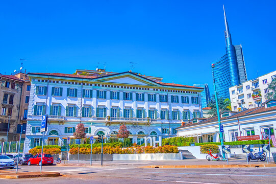The scenic facade of nh hotel Palazzo Moscova anf the Unicredit tower on background, on April 5 in Milan, Italy