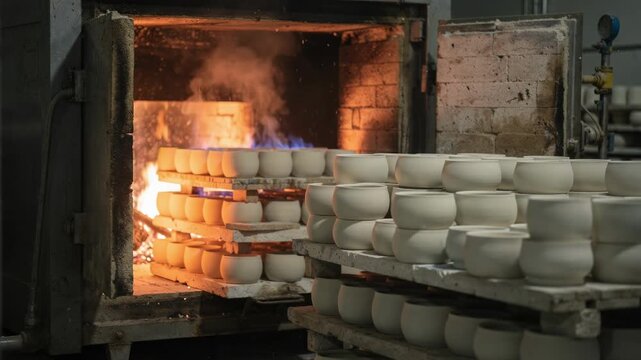 Medium shot of gasfired ceramic kiln with greenware toilet bowls drying on racks illustrating traditional firing methods with visible flames and atmospheric effects.