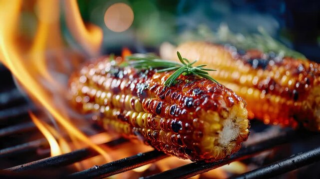 Grilled corn gleaming with caramelized sweetness and fresh herbs under a summer evening glow