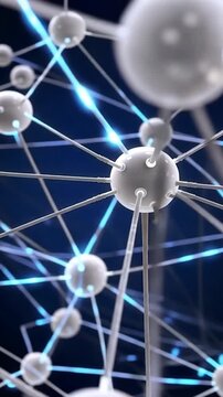 Interconnected Nodes And Glowing Links In Blue, Spherical Beads Joined By Metallic Rods, Pulsing Energy Lines, Tech Visualization For Science And Data, D Topology Animation